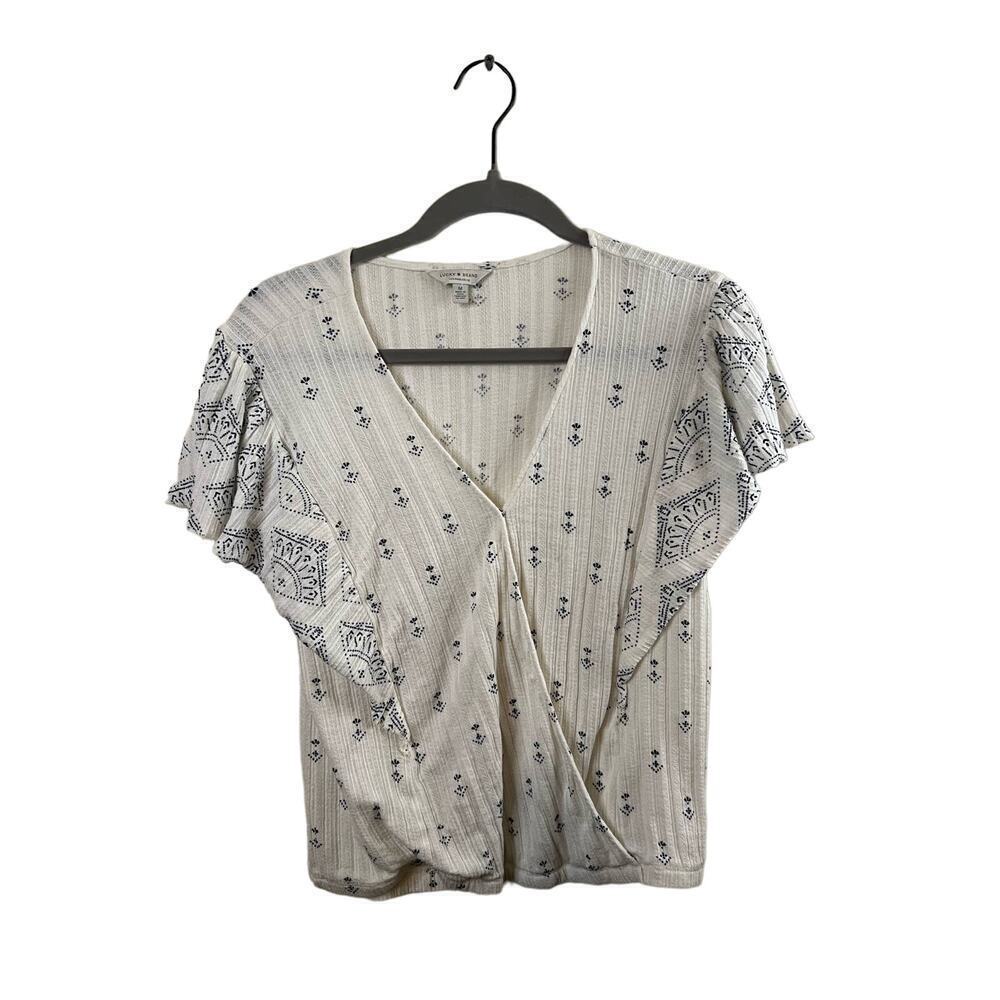 Lucky Brand V Neck White Floral Blouse Size Medium